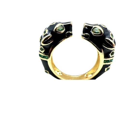 Cheetah Panther Ring Black Enamel Green Rhinestone Gold Plated Adjustable Size - Picture 7 of 7